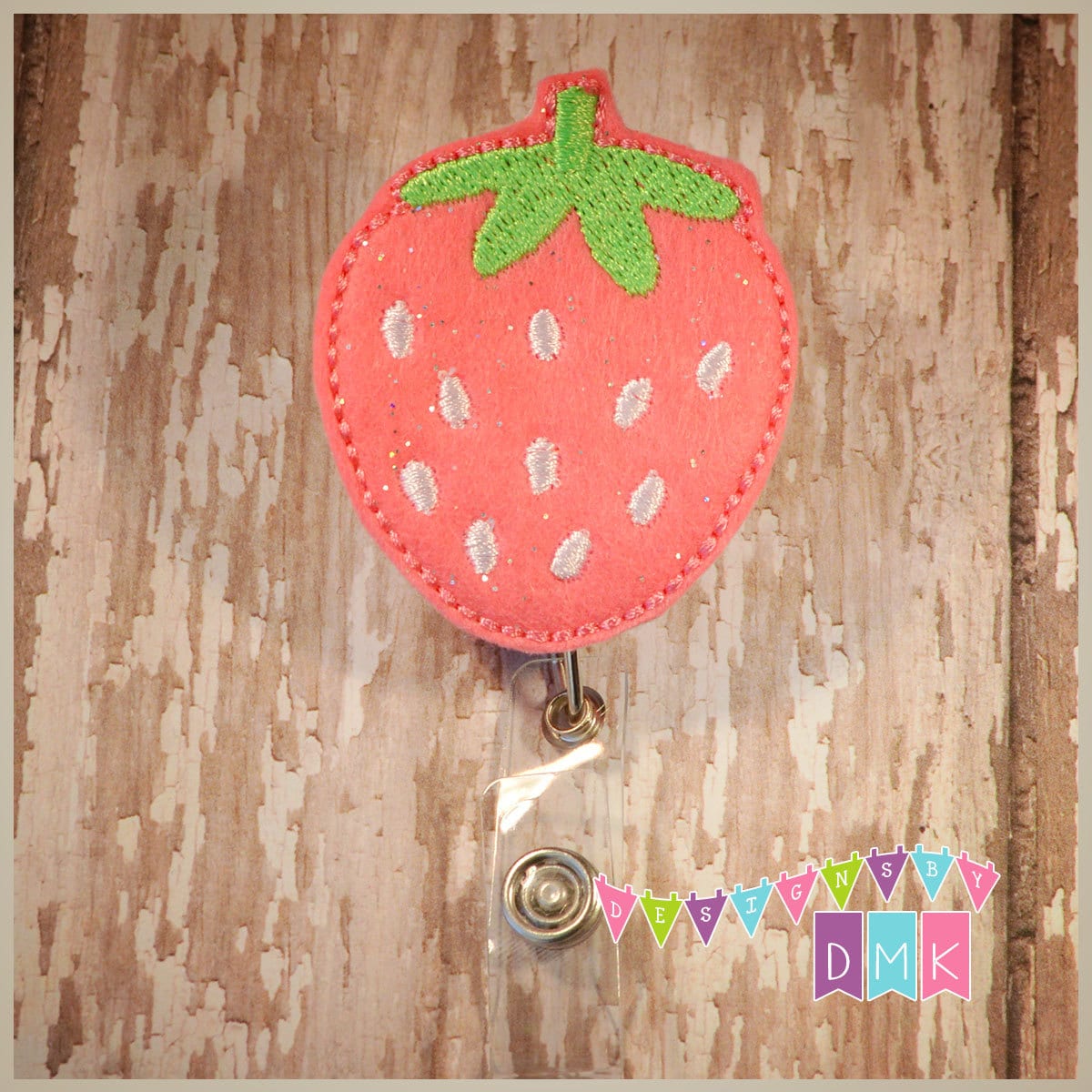 Pink Strawberry - Felt Badge Reel - Retractable ID Badge Holder - Embroidered Name Tag Pull - Alligator or Slide Clip