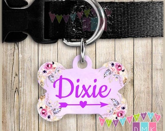 Purple Watercolor - Arrow - Floral - DOUBLE SIDED - Dog Bone - Personalized Pet Tag - PT010