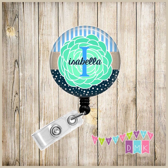 Monogram Personalized Mint MUM Blue Stripes & Navy Polka Dots Button Badge  Reel Retractable ID Holder Alligator or Slide Clip -  Canada