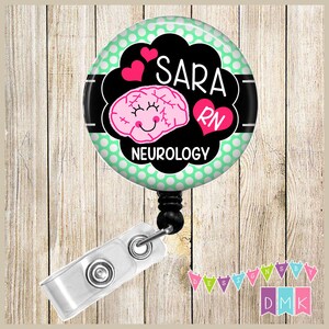 Bryelle the Brain - Personalized - Neurology - Mint Green Polka Dots - Button Badge Reel - Retractable ID Holder - BR0020