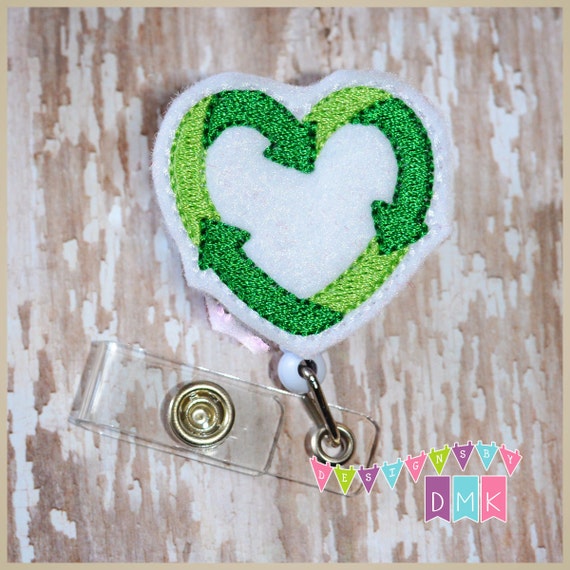 Recycle Heart Earth Day Felt Badge Reel Retractable ID Badge