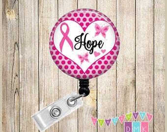 HOPE - Breast Cancer Awareness - Pink Ribbon - Butterflies & Polka Dots - Button Badge Reel Retractable Id Holder Clip - BR0516