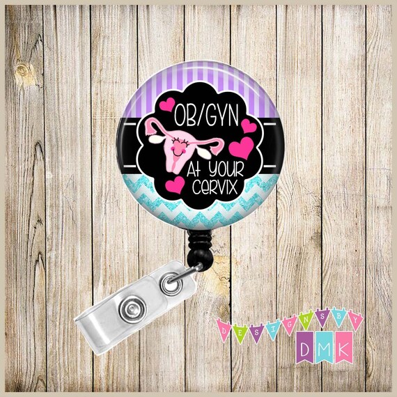 OB/GYN at Your Cervix Purple Stripes and Brite Blue Glitter Chevron Button Badge  Reel Retractable ID Holder Alligator or Slide Clip 