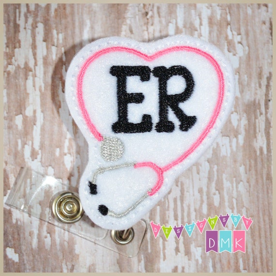 ER Stethoscope Heart Emergency Room White With Pink Felt Badge