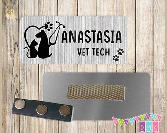 Cat & Dog in Heart Paw Stethoscope - Grey - Vet Tech - PERSONALIZED - Custom Name Tag - 1.25" x 3"  Magnetic OR Pin Back - 183NT