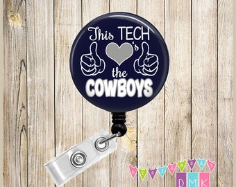 This Tech Loves the COWBOYS - Blue & Silver - School Spirit - Button Badge Reel - Retractable ID Holder Alligator or Slide Clip - BR0537