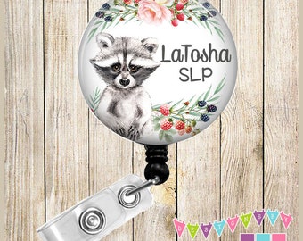 Baby Raccoon - Berries & Pink Roses - PERSONALIZED - Button Badge Reel  Retractable Alligator or Slide Clip - BR0184
