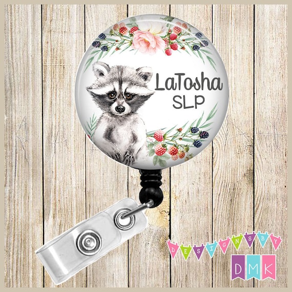 Baby Raccoon Berries & Pink Roses PERSONALIZED Button Badge Reel