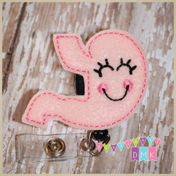 Stephany the Stomach - Pink - Felt Badge Reel - Nurse Retractable ID Badge  Holder - Embroidered Name Tag Pull - Alligator or Slide Clip