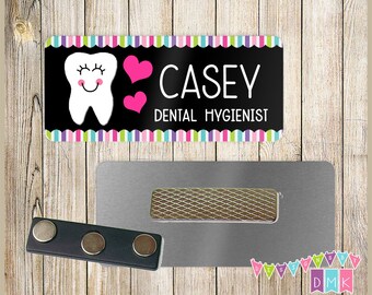 Tina the Tooth - Black - Brite Pastel Border - PERSONALIZED - Custom Name Tag - 1.25" x 3"  Magnetic OR Pin Back - 020NT