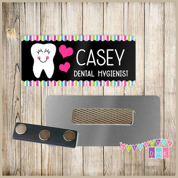 Tina the Tooth - Black - Brite Pastel Border - PERSONALIZED - Custom Name Tag - 1.25" x 3"  Magnetic OR Pin Back - 020NT