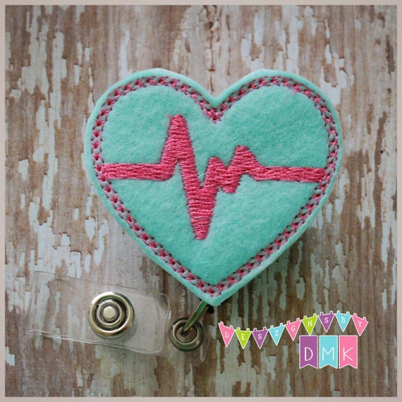 EKG Heart Mint & Pink Felt Badge Reel Retractable ID Badge Holder  Embroidered Alligator or Slide Clip -  Canada