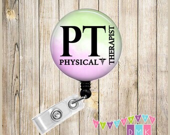 PT - Watercolor- Green & Purple - Physical Therapist -  Button Badge Reel - Retractable ID Holder - Alligator or Slide Clip
