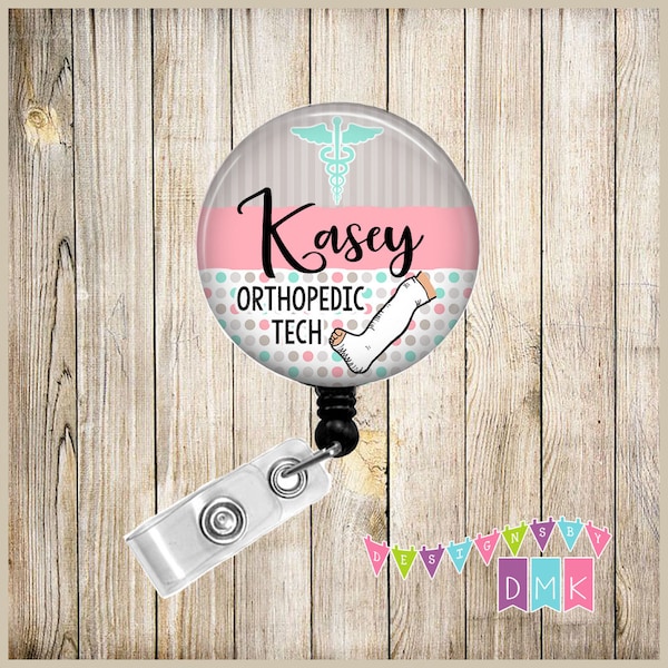 Personalized Casted Leg on Pastel Polka Dots Med Symbol Orthopedic Tech Button Badge Reel Retractable ID Holder Alligator Slide Clip BR0512