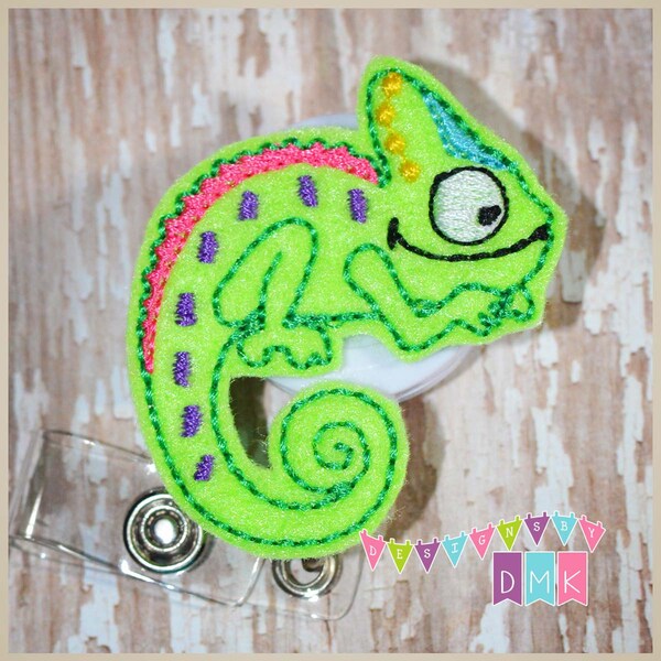 Cami the Chameleon -  Felt Badge Reel - Embroidered - Retractable ID Badge Holder Alligator or Slide Clip