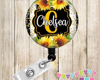 Monogram - Personalized - Sunflowers - Black & White Stripes - Button Badge Reel - Retractable ID Holder - Alligator or Slide Clip - BR0577