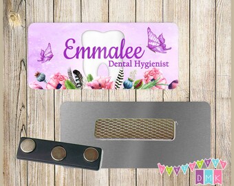 Dental - Watercolor Purple - Poppies - PERSONALIZED - Custom Name Tag - 1.25" x 3"  Magnetic OR Pin Back - 022NT
