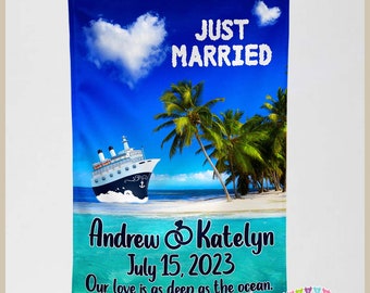 Just Married - Ship - Honeymoon - Wedding Rings - Cruise Door Decoration - PERSONALIZED - Banner - Flag - Standard or Premium Fabric - CF018