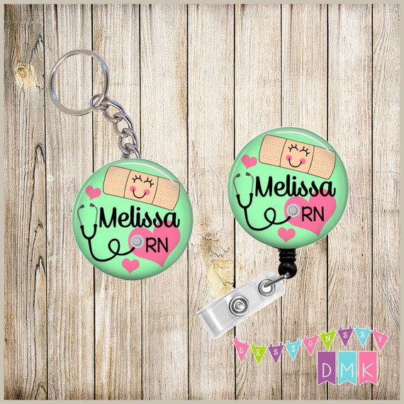 Combo Sale - Badge Reel Keychain Combo - Bandage with Stethoscope  PERSONALIZED - Mint Green - You Choose Chain and Reel Style