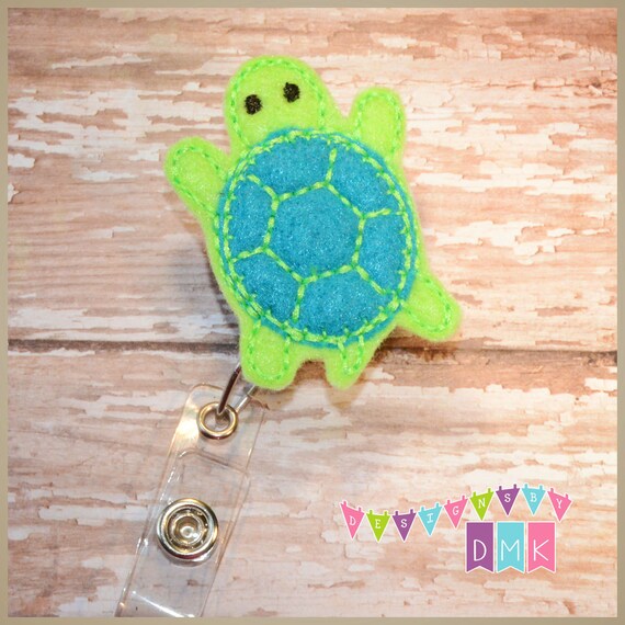 Sea Turtle - Lime and Turquoise - Felt Badge Reel - Retractable ID Badge  Holder - Embroidered