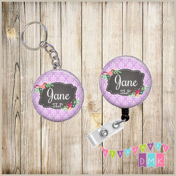 Combo Sale - Badge Reel Keychain Combo - SLP - Floral Damask - Chalkboard - PERSONALIZED - You Choose Color, Chain and Reel Style