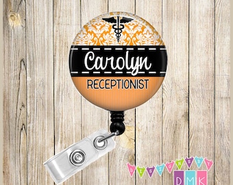 Medical Symbol - Orange - Personalized - Button Badge Reel - Retractable ID Holder Alligator or Slide Clip Name Tag Holder