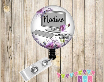 Administrative Assistant - Computer - Violets - PERSONALIZED - Button Badge Reel Retractable ID - Alligator or Slide Clip