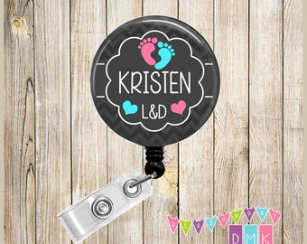 Personalized - LONG Name - Baby Feet - Black & Grey Chevron - Button Badge Reel Retractable ID Holder Alligator or Slide Clip - BR0472
