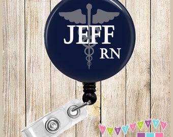 Personalized - Dark Blue - Medical Symbol -  Button Badge Reel - Retractable ID Holder - Alligator or Slide Clip - Male Nurse Gift