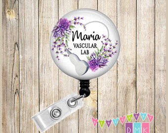 Personalized - Transducer Heart Floral - Lavender Succulents - Button Badge Reel - Retractable ID Holder - Alligator or Slide Clip - BR0656