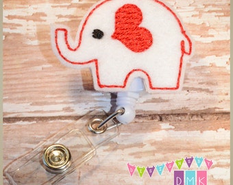 Valentine Heart Elephant - White - Felt Badge Reel - Retractable ID Badge Holder - Embroidered