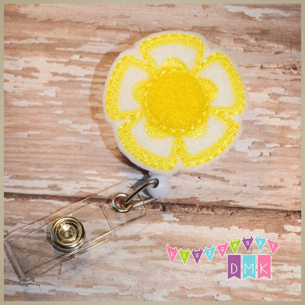 Spring Blossom Flower - Yellow - Felt Badge Reel - Retractable ID Badge Holder - Embroidered