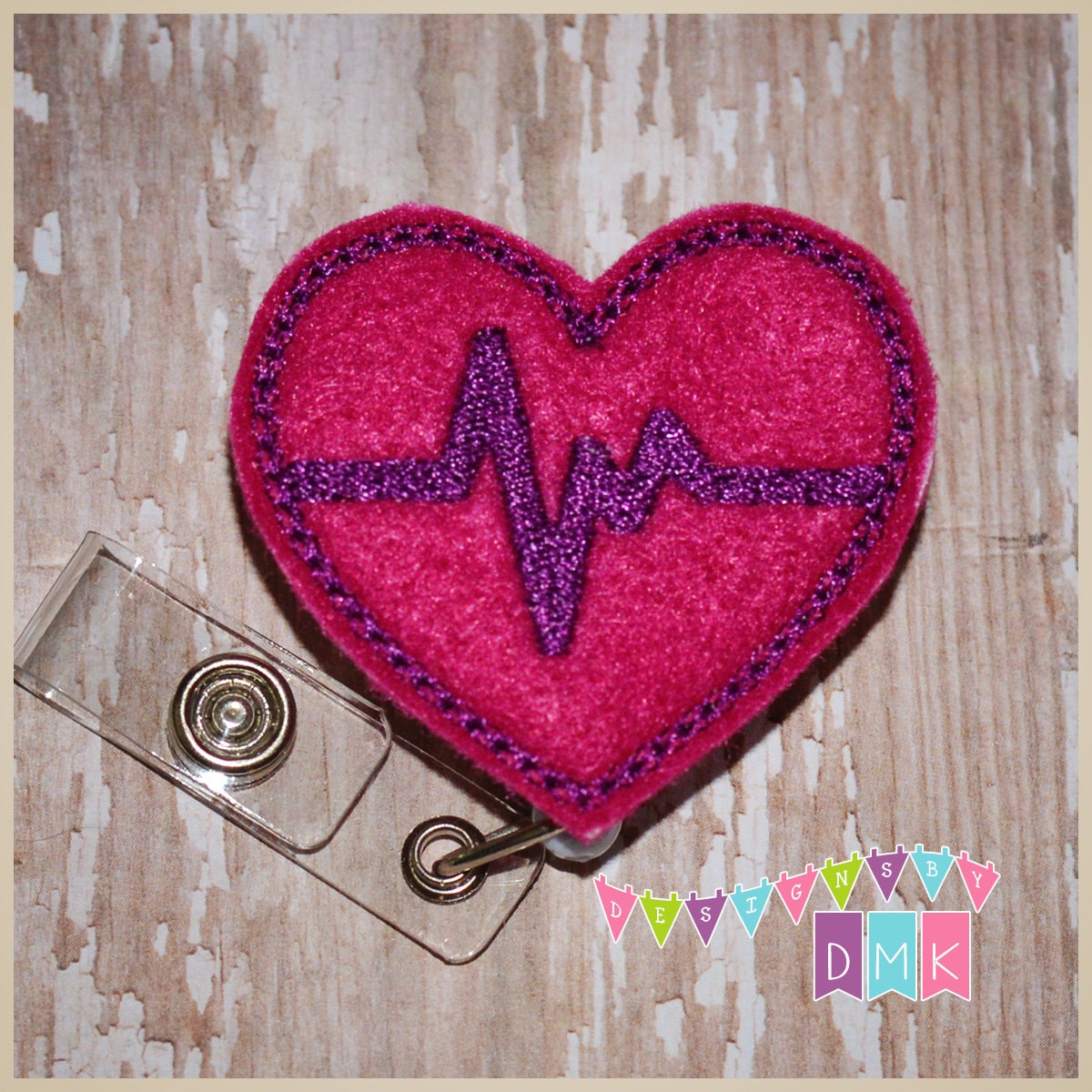 EKG Heart - Fuchsia with Purple - Felt Badge Reel - Retractable ID Badge Holder - Embroidered - Alligator or Slide Clip