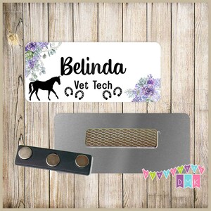 Horse - Horseshoes - Lilacs - PERSONALIZED - Custom Name Tag - 1.25&quot; x 3&quot;  Magnetic OR Pin Back - 242NT