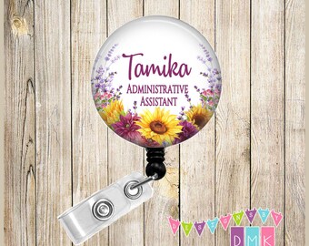Sunflowers & Dahlias - PERSONALIZED - Button Badge Reel Retractable ID - Alligator or Slide Clip - BR0616