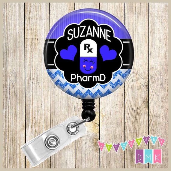 Happy Pill Personalized Blue and White Pharmacy Tech Glitter Chevron Button Badge  Reel BR0170 -  Canada