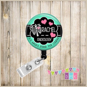 Personalized - Mint Chest Xray with Hearts -  Radiology Technician - Button Badge Reel Retractable ID Holder Alligator or Slide Clip