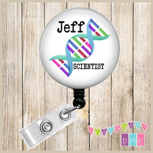 Personalized - DNA Strand - Scientist - Lab Tech - Button Badge Reel - Retractable ID Holder - Alligator or Slide Clip Unique Gift BR0579
