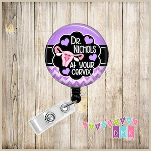 PERSONALIZED - At Your Cervix - Purple Stripes & Glitter Chevron - Button Badge Reel Retractable ID Holder Alligator or Slide Clip