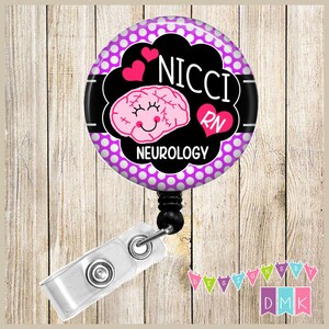 Bryelle the Brain - Personalized - Neurology RN - Purple Polka Dots - Button Badge Reel - Retractable ID Holder - BR0021