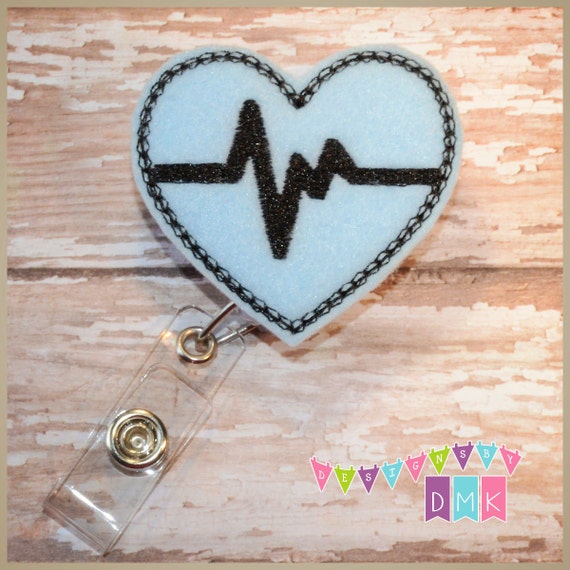 EKG Heart Light Blue Felt Badge Reel Retractable ID Badge Holder  Embroidered 