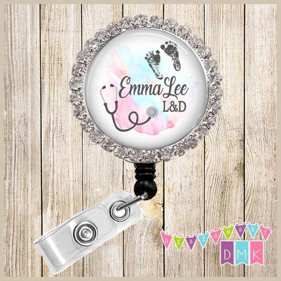 Baby Footprints Stethoscope Pink Blue Watercolor PERSONALIZED Rhinestone  Button Badge Reel Retractable ID Holder BRR0004 