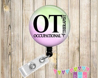 OT - Watercolor- Green & Purple - Occupational Therapist -  Button Badge Reel - Retractable ID Holder - Alligator or Slide Clip