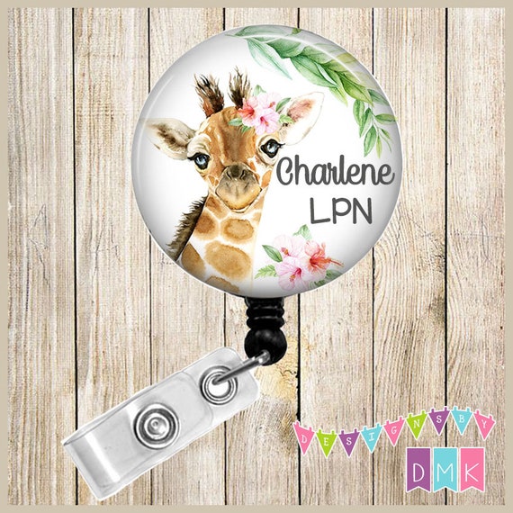 Baby Giraffe Tropical Floral PERSONALIZED Button Badge Reel Retractable  Alligator or Slide Clip BR0182 