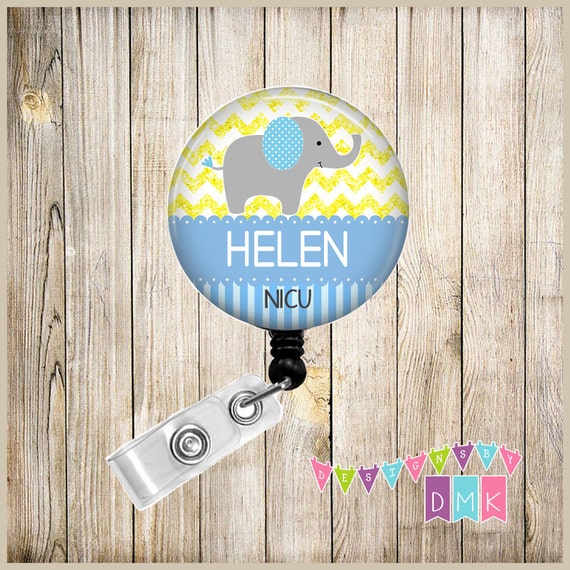 NICU - Baby Elephant - Blue & Yellow - Personalized - Button Badge Reel Retractable ID Holder Alligator or Slide Clip Name Tag Holder