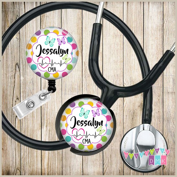 Personalized CNA Certified Nursing Assistant Heart and Stethoscope Design  Retractable Reel ID Badge Holder You Pick Reel Style 