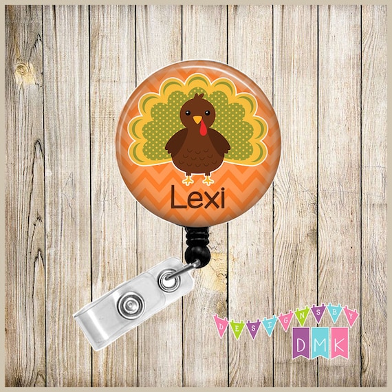 Personalized Turkey on Orange Chevron Button Badge Reel Retractable  Alligator or Slide Clip Thanksgiving Fall Autumn 