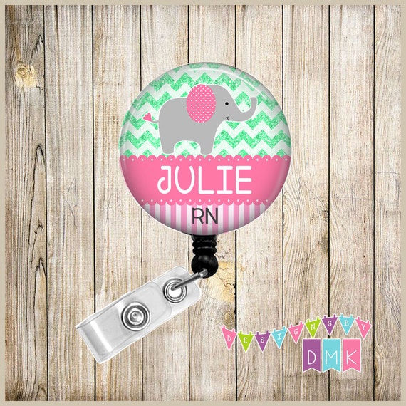 RN Baby Elephant Pink & Mint Personalized Button Badge Reel Retractable ID  Holder Alligator or Slide Clip Name Tag Holder 