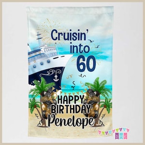 Cruisin' into (number) - Happy Birthday - Black & Gold - Cruise Door Decoration PERSONALIZED - Banner Flag Standard or Premium Fabric CF063