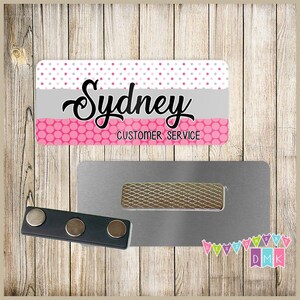 White - Grey - Pink - Polka Dot - PERSONALIZED - Custom Name Tag - 1.25&quot; x 3&quot;  Magnetic OR Pin Back - 056NT
